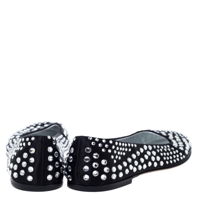 Giuseppe Zanotti Black Leather Crystal Studded Ballet Flats Size 38.5 In Excellent Condition In Dubai, Al Qouz 2