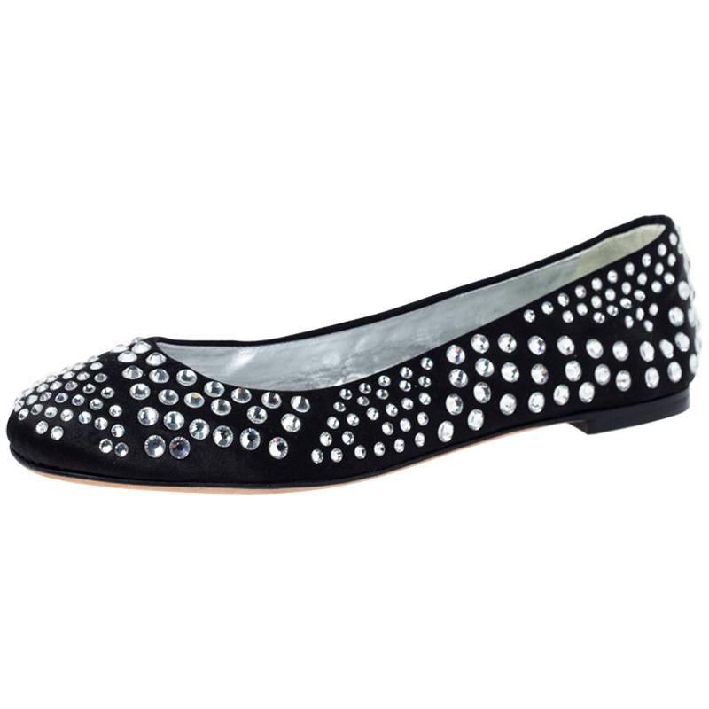 Giuseppe Zanotti Black Leather Crystal Studded Ballet Flats Size 38.5