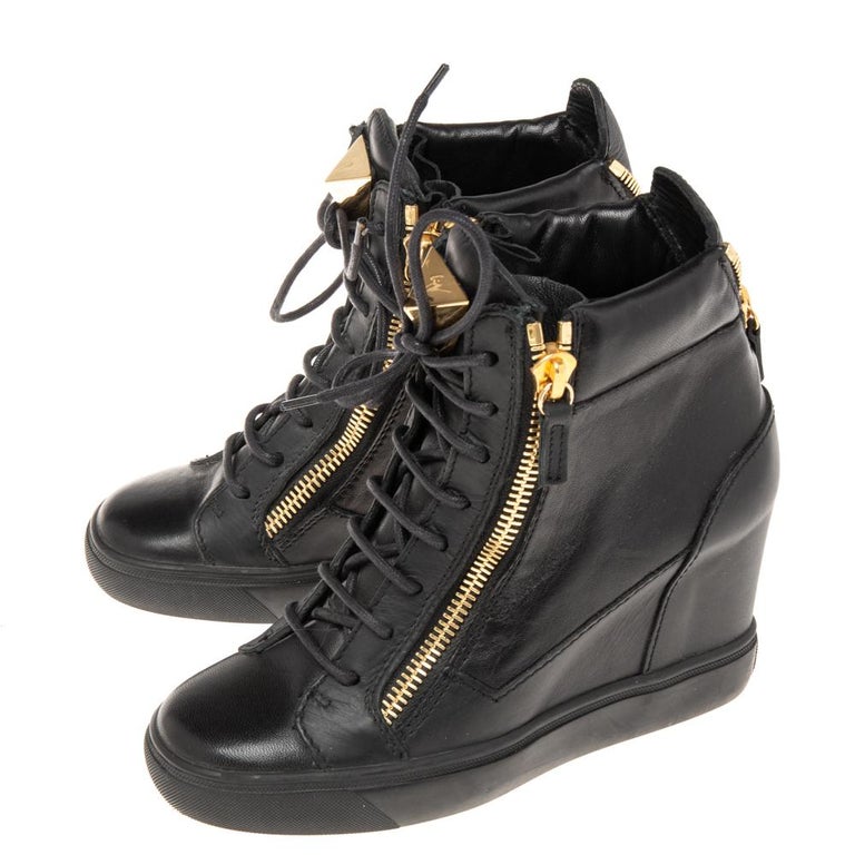Giuseppe Zanotti Black Leather Double Zip Wedge Sneakers Size 37 at 1stDibs