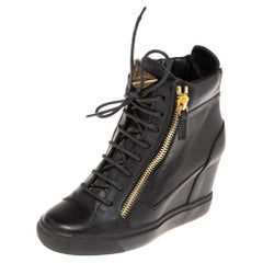 Used Giuseppe Zanotti Black Leather Double Zip Wedge Sneakers Size 37