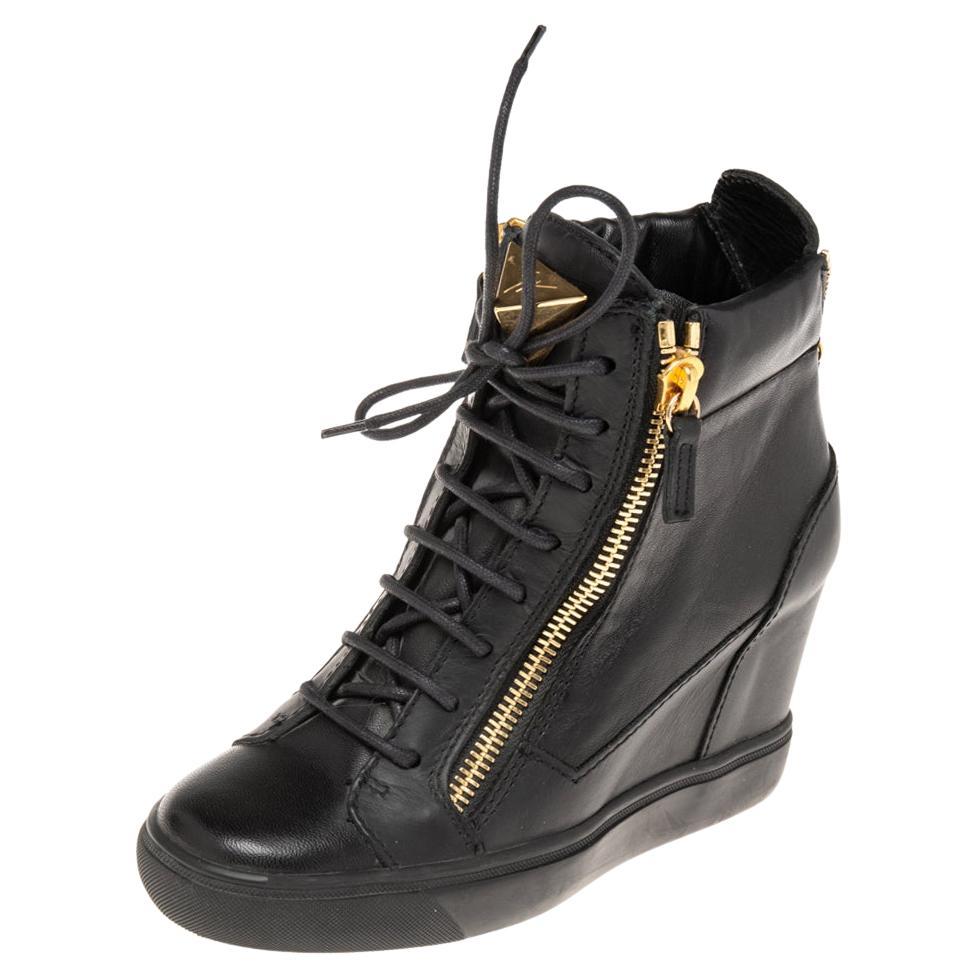 Giuseppe Zanotti Black Leather Double Zip Wedge Sneakers Size 37 For Sale  at 1stDibs