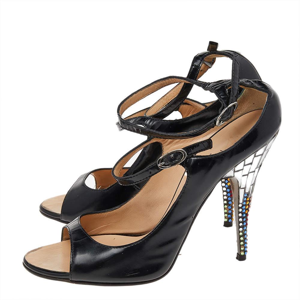 Women's Giuseppe Zanotti Black Leather Embellished Heel Ankle Strap Sandals Size 37 For Sale