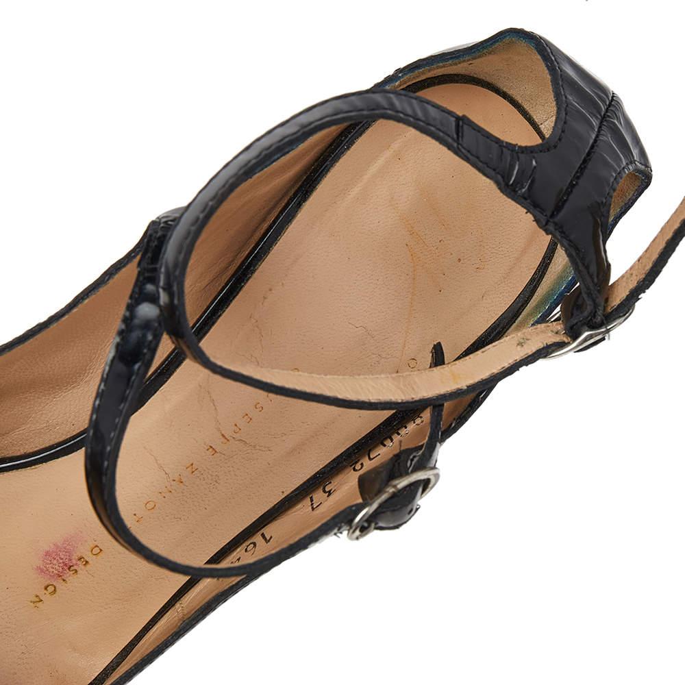 Giuseppe Zanotti Black Leather Embellished Heel Ankle Strap Sandals Size 37 For Sale 2
