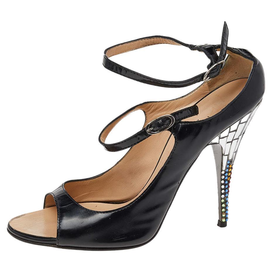 Giuseppe Zanotti Black Leather Embellished Heel Ankle Strap Sandals Size 37 For Sale