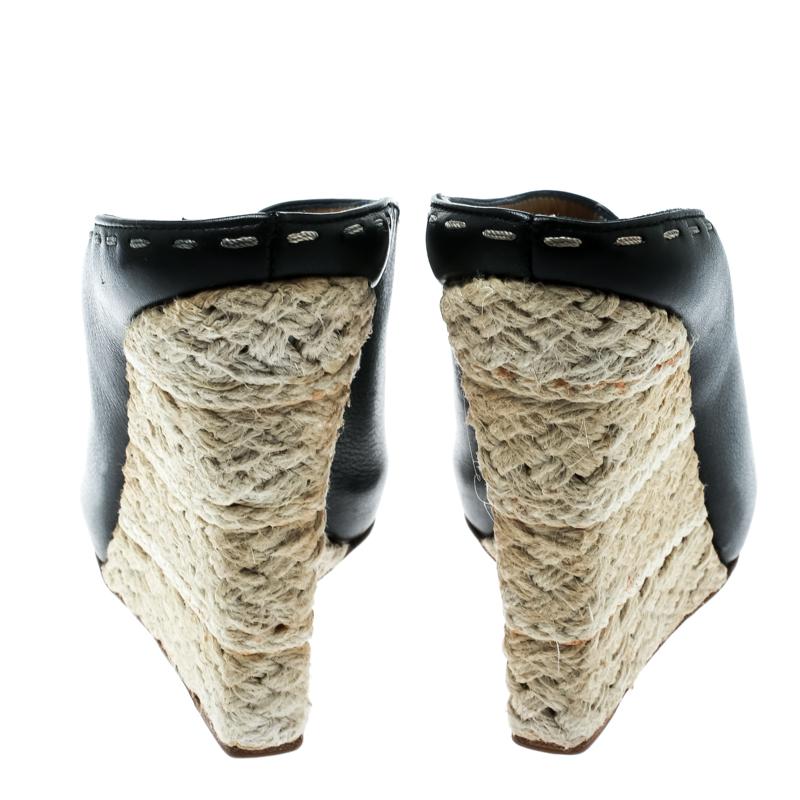Giuseppe Zanotti Black Leather Espadrille Wedge Peep Toe Mules Size 38 In Good Condition In Dubai, Al Qouz 2