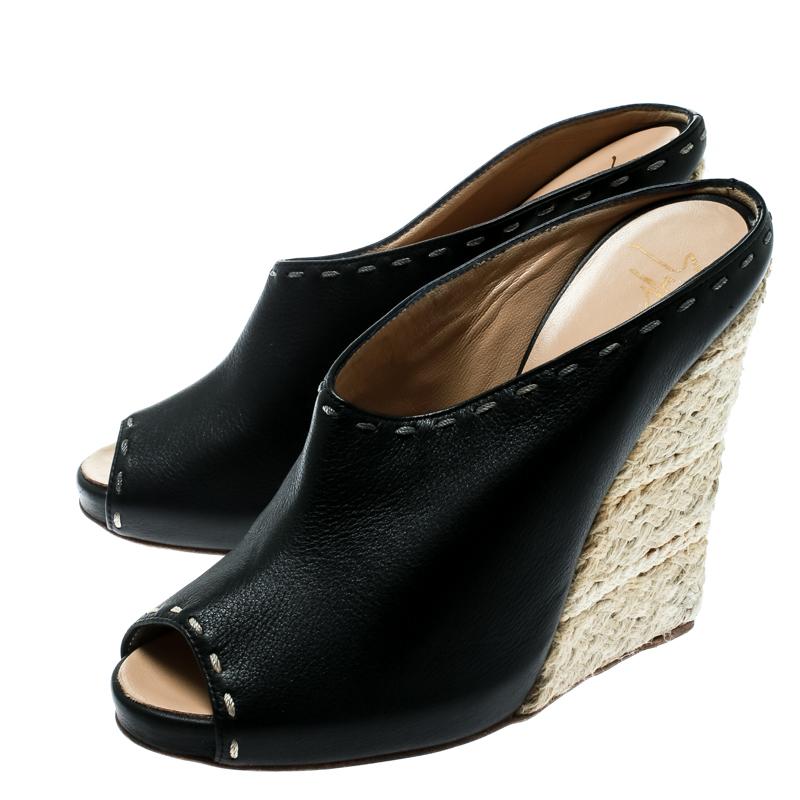 Women's Giuseppe Zanotti Black Leather Espadrille Wedge Peep Toe Mules Size 38
