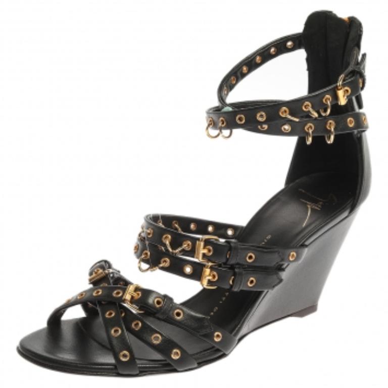 Women's Giuseppe Zanotti Black Leather Eyelet Ankle Strap Wedge Sandals Size 36 For Sale