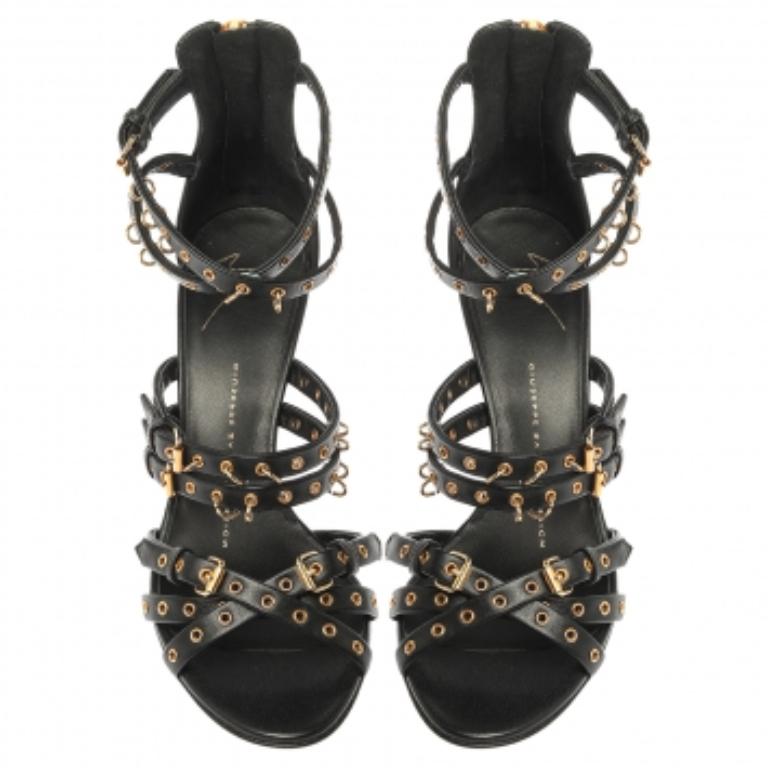 Giuseppe Zanotti Black Leather Eyelet Ankle Strap Wedge Sandals Size 36 For Sale 3