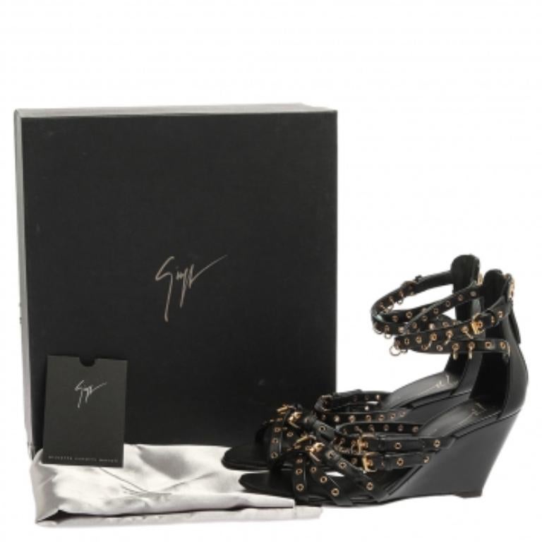 Giuseppe Zanotti Black Leather Eyelet Ankle Strap Wedge Sandals Size 36 For Sale 4
