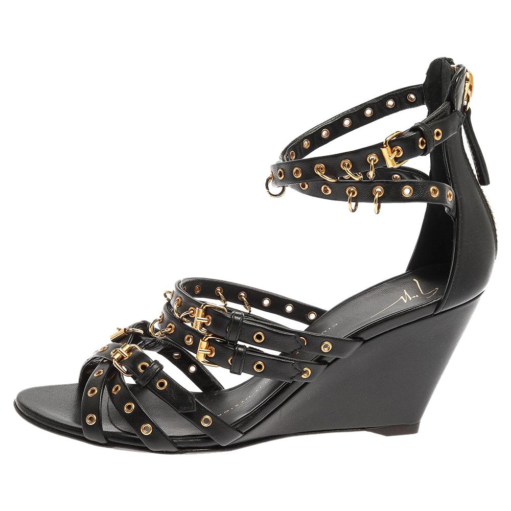 Giuseppe Zanotti Black Leather Eyelet Ankle Strap Wedge Sandals Size 36 For Sale