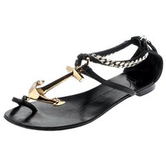 Giuseppe Zanotti Black Leather Gold Anchor Strap Flat Sandals Size 37