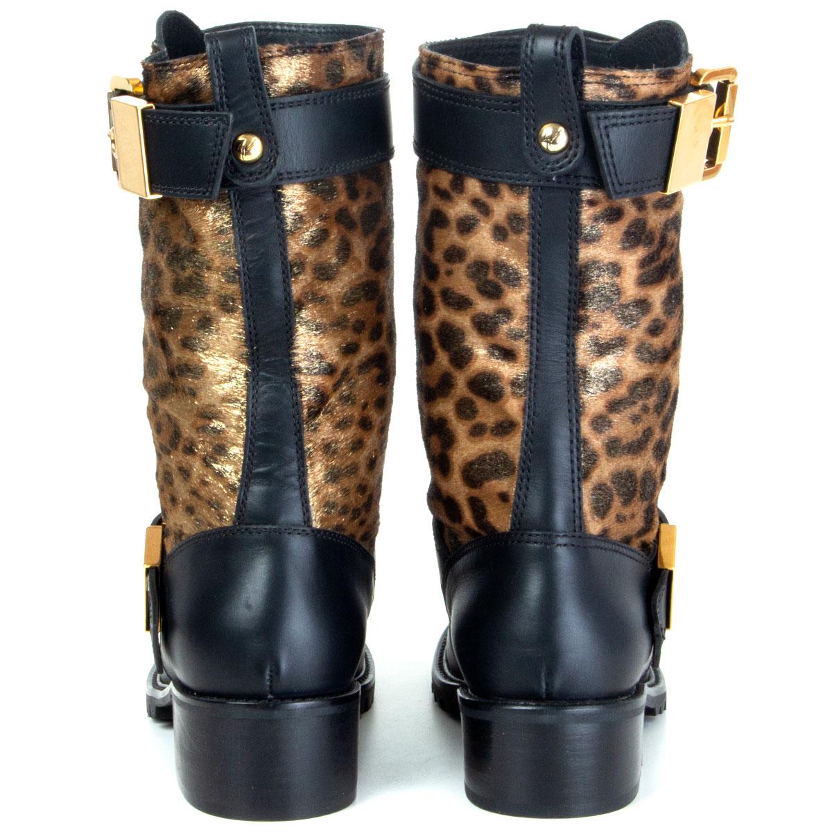 Black GIUSEPPE ZANOTTI black leather GOLD LEOPARD CALF HAIR Boots Shoes 37 For Sale