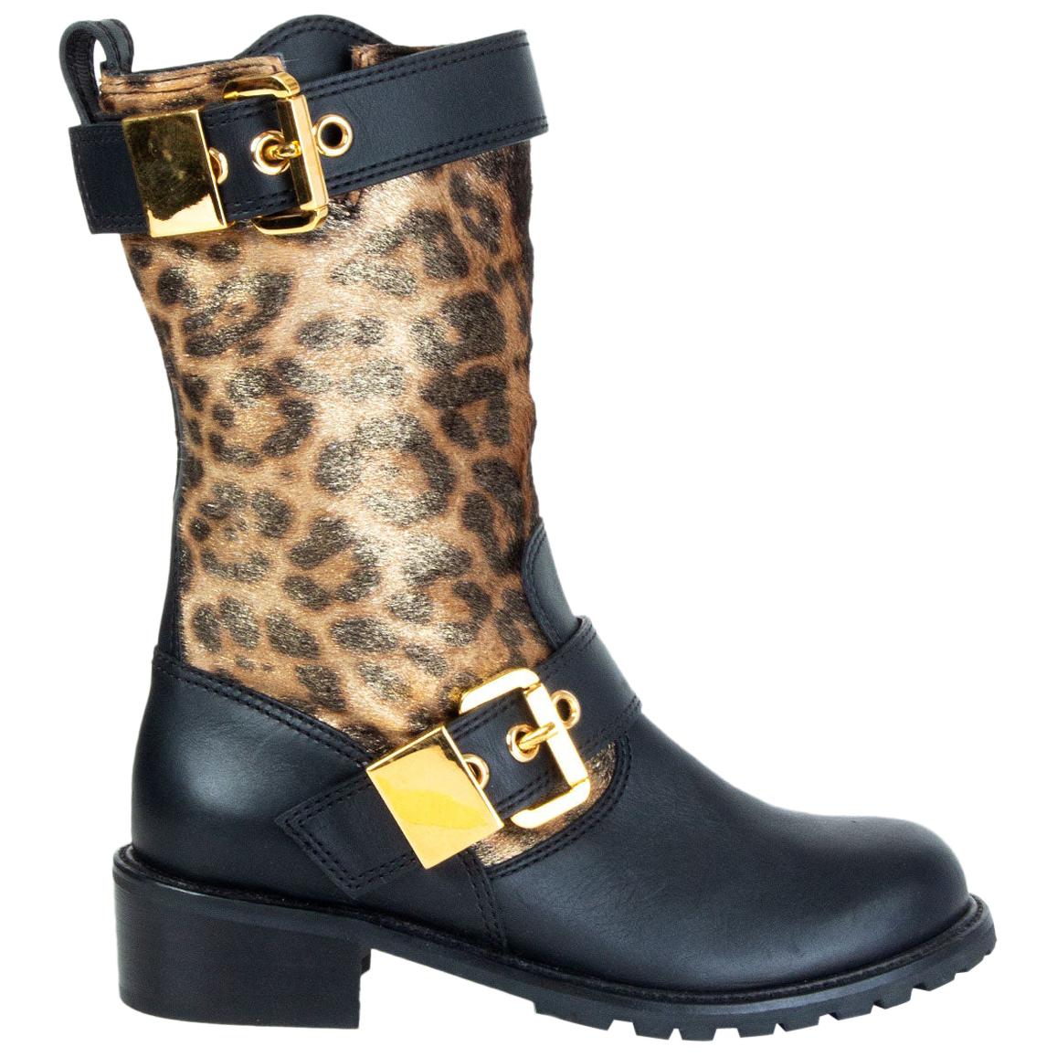 GIUSEPPE ZANOTTI GOLD LEOPARD CALF HAIR Stiefel aus schwarzem Leder 37