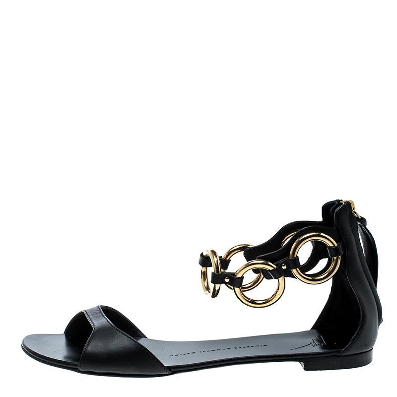 Women's Giuseppe Zanotti Black Leather Gold Ring Open Toe Flat Sandals Size 38