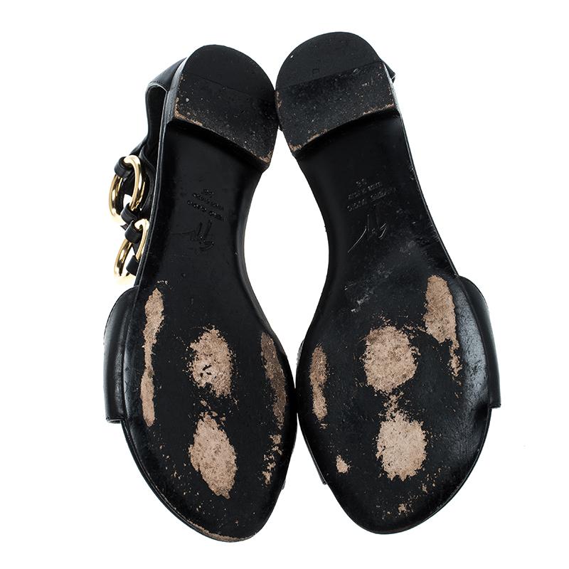 Giuseppe Zanotti Black Leather Gold Ring Open Toe Flat Sandals Size 38 1