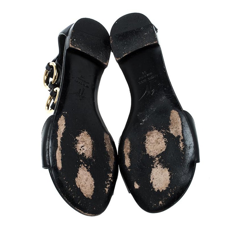 Giuseppe Zanotti Black Leather Gold Ring Open Toe Flat Sandals Size 38 ...