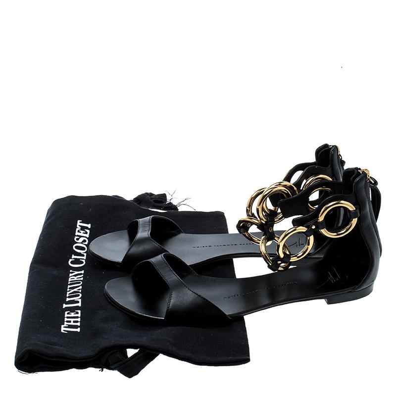 Giuseppe Zanotti Black Leather Gold Ring Open Toe Flat Sandals Size 38 4