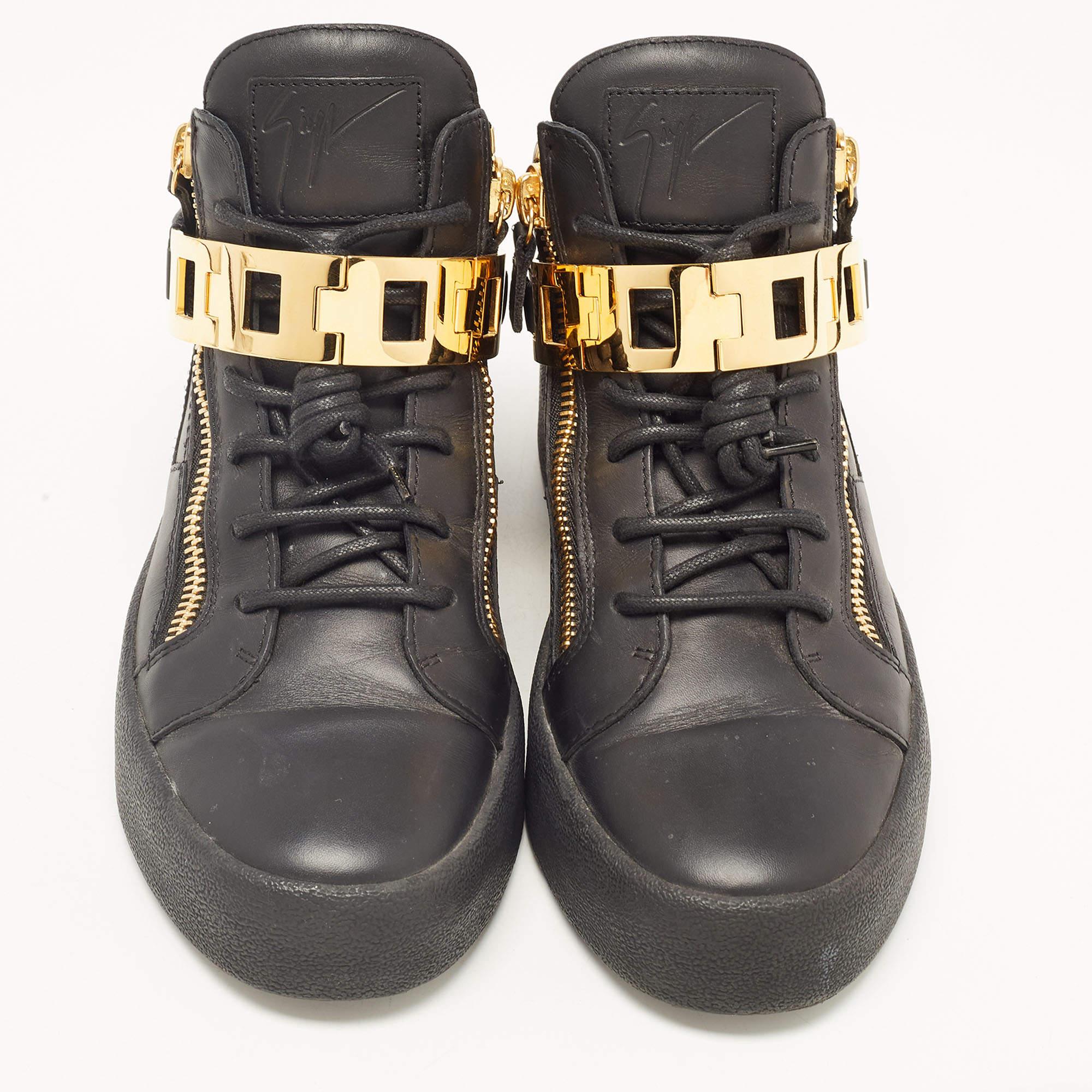 Giuseppe Zanotti Black Leather High Top Sneakers Size 40 In Good Condition For Sale In Dubai, Al Qouz 2