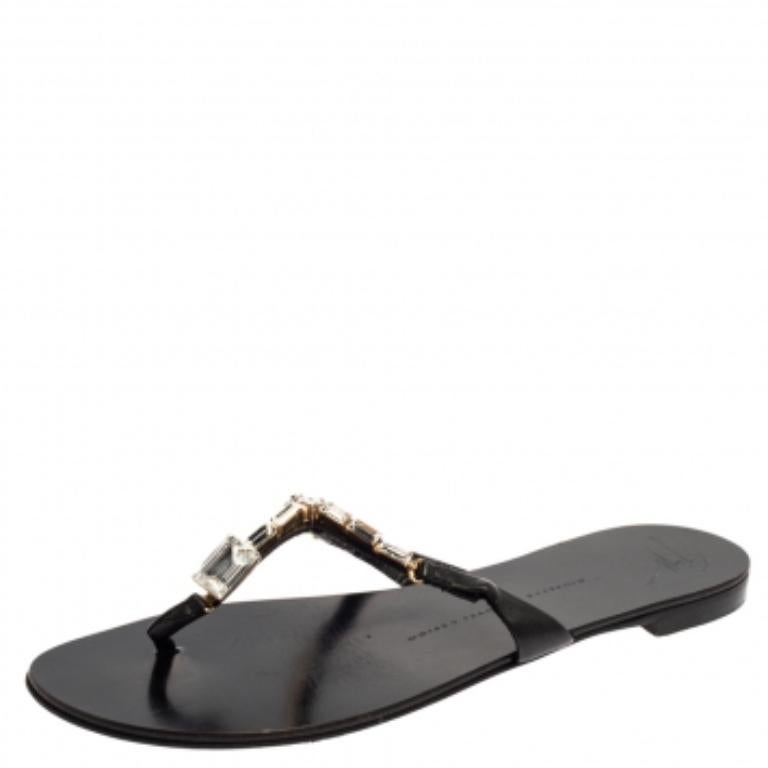 Giuseppe Zanotti Black Leather Jewel Embellished Thong Flat Sandals Size 38 In Good Condition For Sale In Dubai, Al Qouz 2