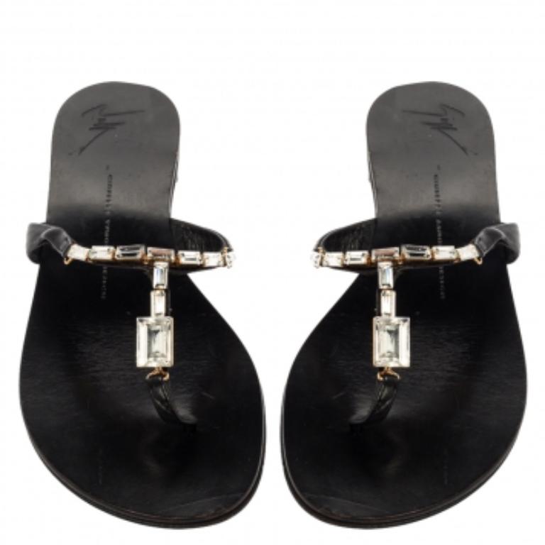 Giuseppe Zanotti Black Leather Jewel Embellished Thong Flat Sandals Size 38 For Sale 1