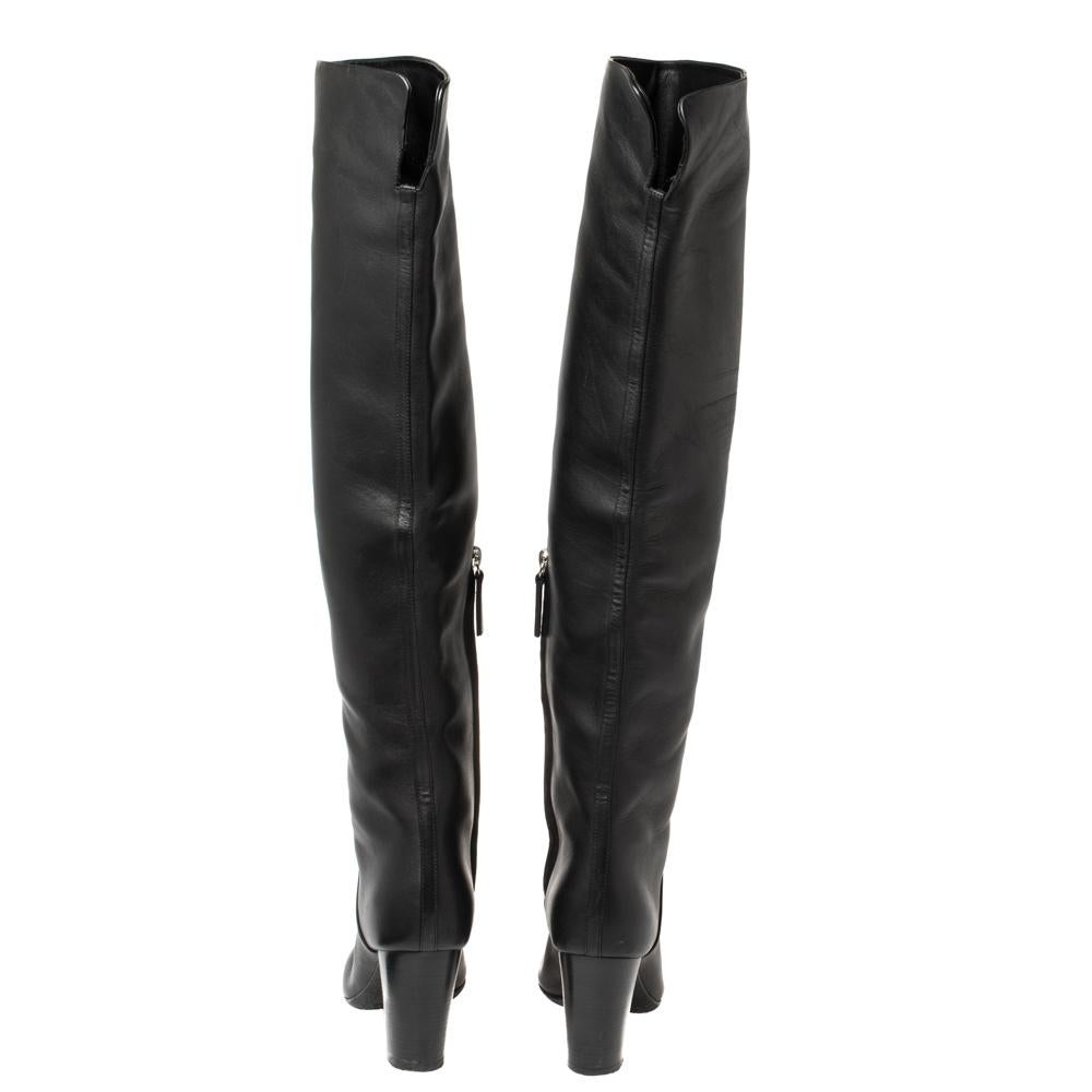 Giuseppe Zanotti Black Leather Knee Length Block Heel Boots Size 37 In Good Condition In Dubai, Al Qouz 2