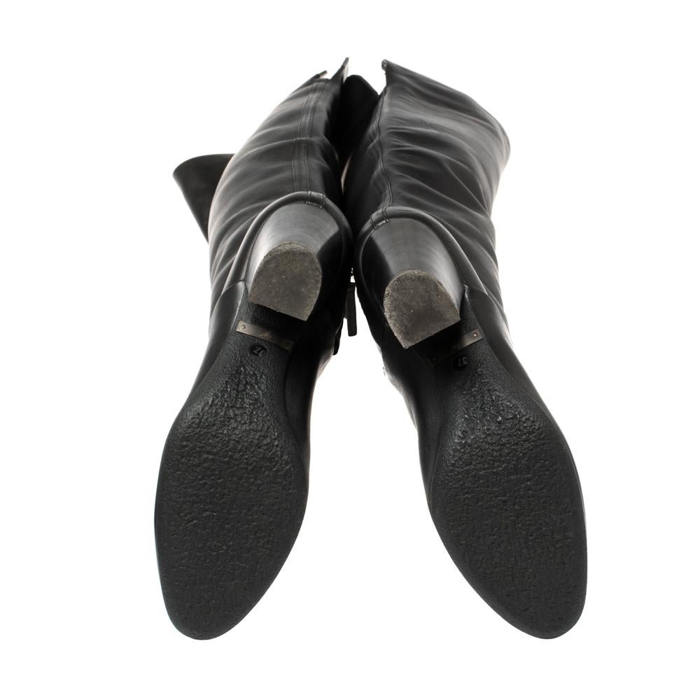 Women's Giuseppe Zanotti Black Leather Knee Length Block Heel Boots Size 37