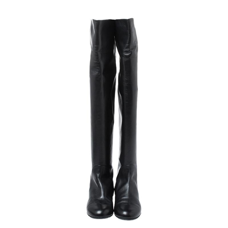 Giuseppe Zanotti Black Leather Knee Length Boots Size 37.5 In Good Condition In Dubai, Al Qouz 2