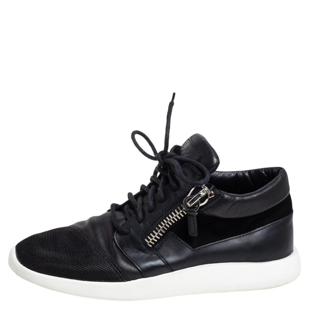 Men's Giuseppe Zanotti Black Leather, Mesh Side Zip Sneakers Size 42