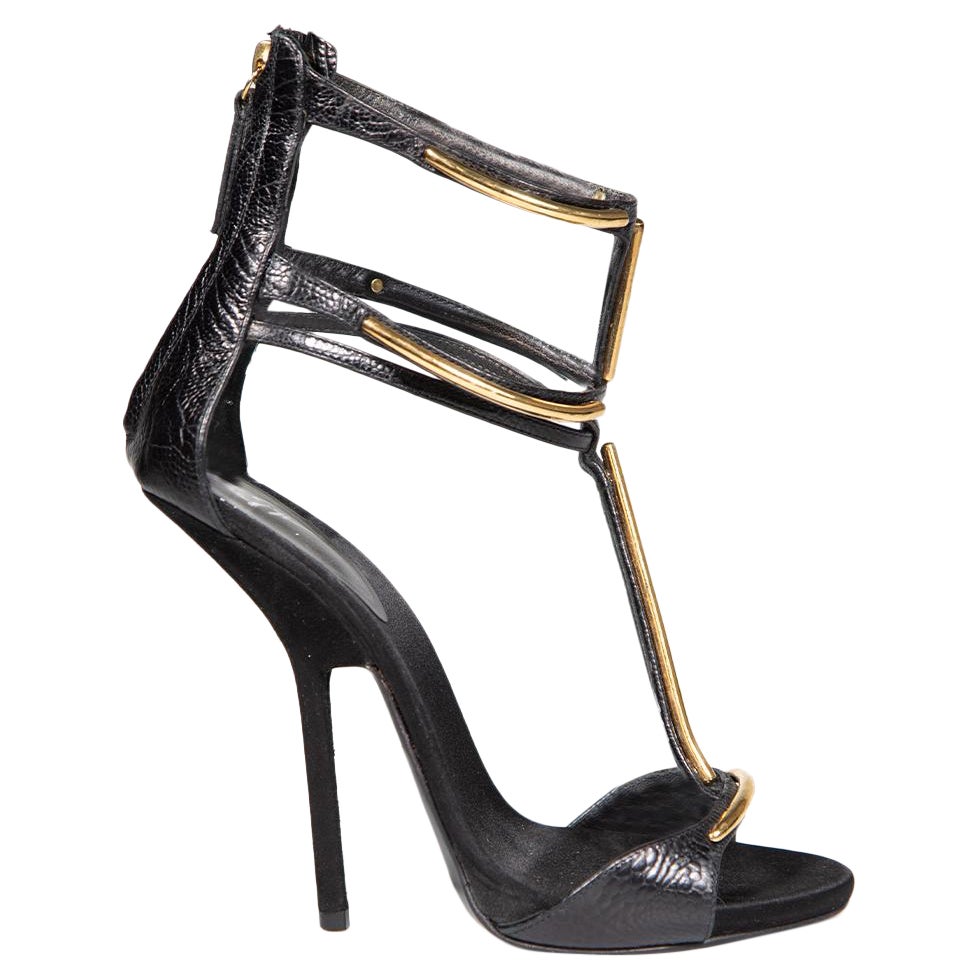 Giuseppe Zanotti Black Leather Metal Cage Sandals Size IT 38.5