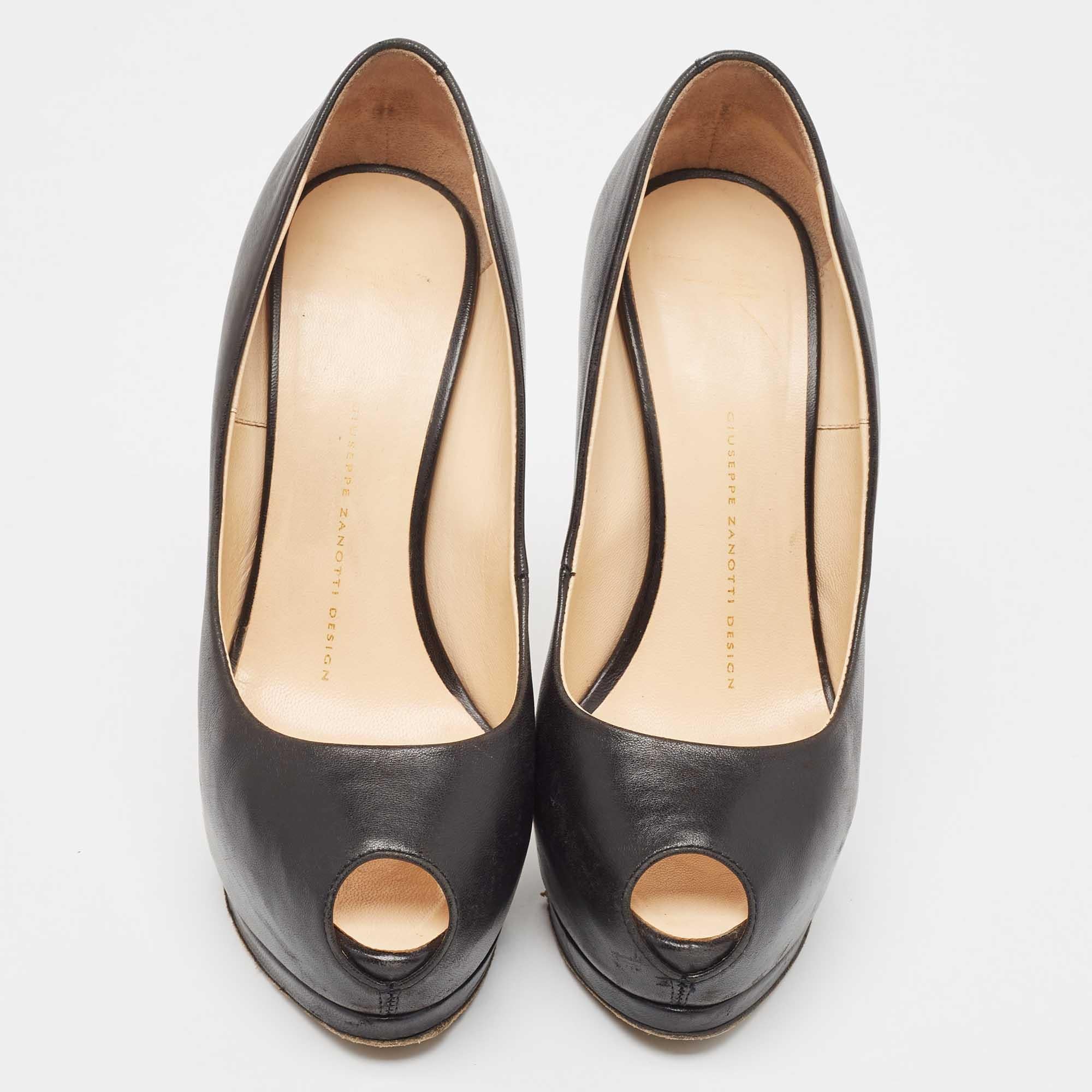 Giuseppe Zanotti Black Leather Peep Toe Pumps Size 37.5 In Good Condition For Sale In Dubai, Al Qouz 2