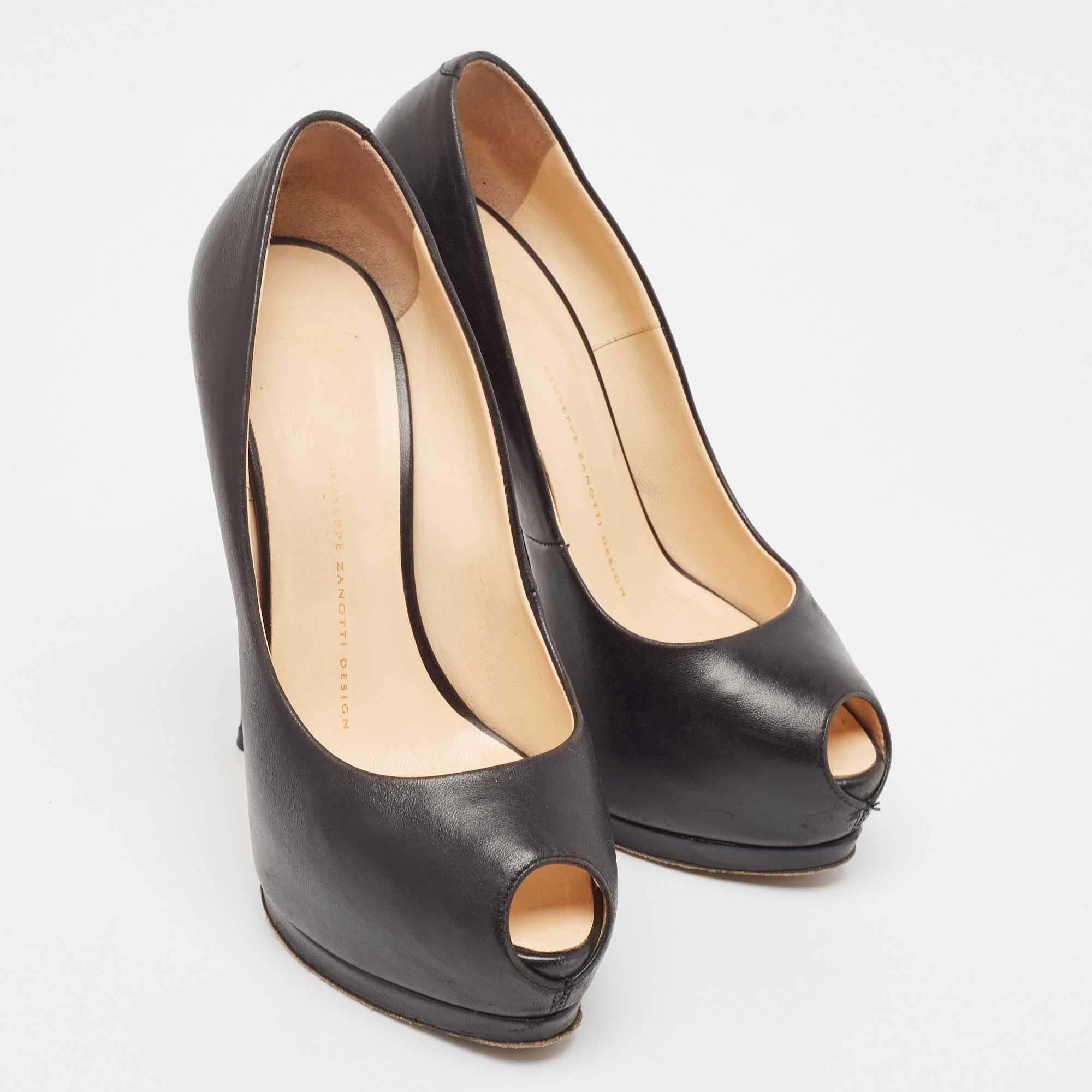 Women's Giuseppe Zanotti Black Leather Peep Toe Pumps Size 37.5 For Sale