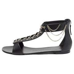 Giuseppe Zanotti Black Leather Roll Chain Flat Sandals Size 41
