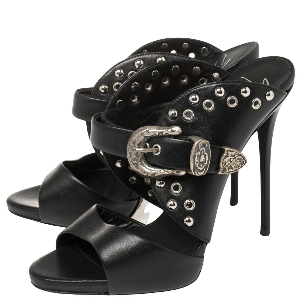 Women's Giuseppe Zanotti Black Leather Studded Buckle Slide Sandals Size 38.5