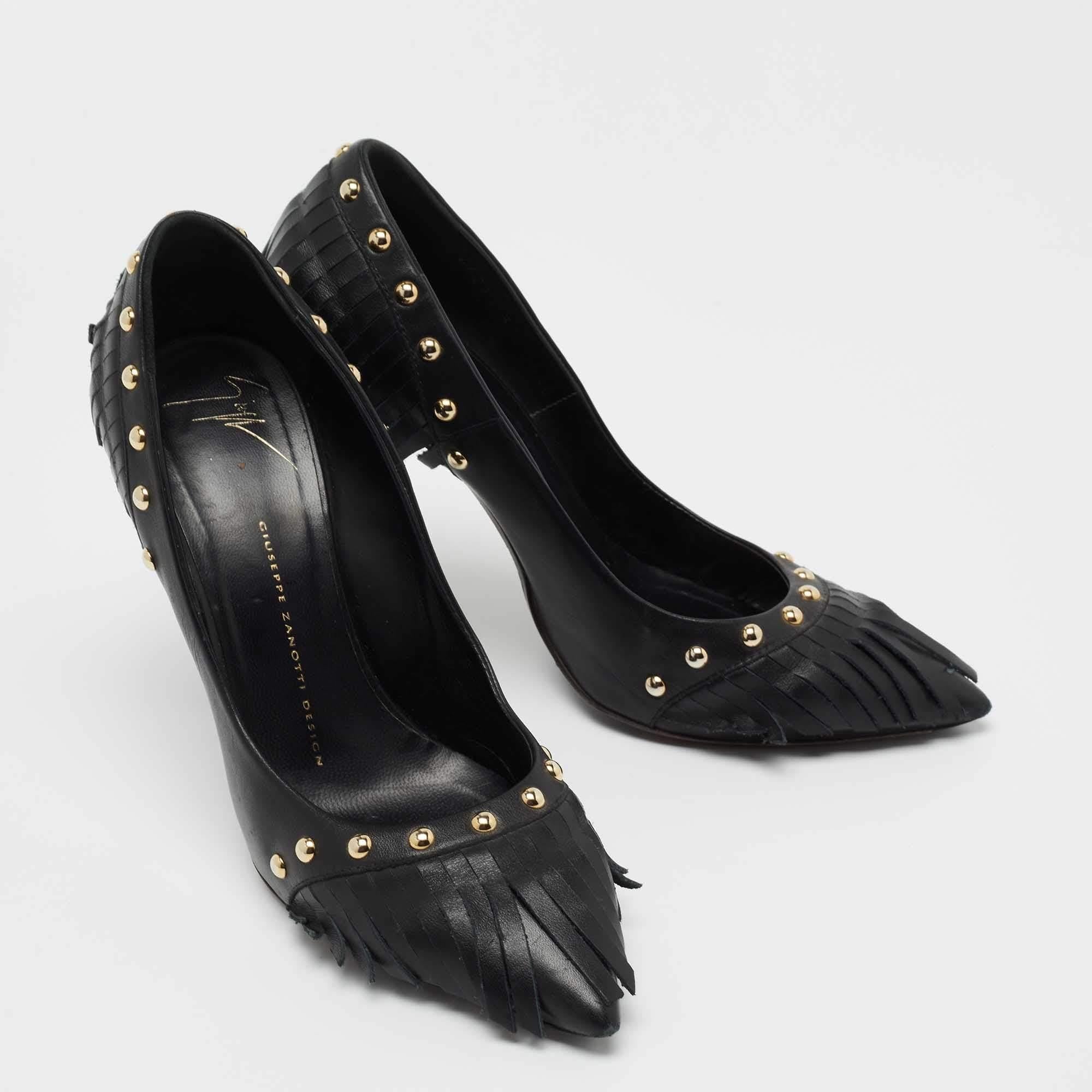 Women's Giuseppe Zanotti Black Leather Studded Fringe Pumps Size 38.5