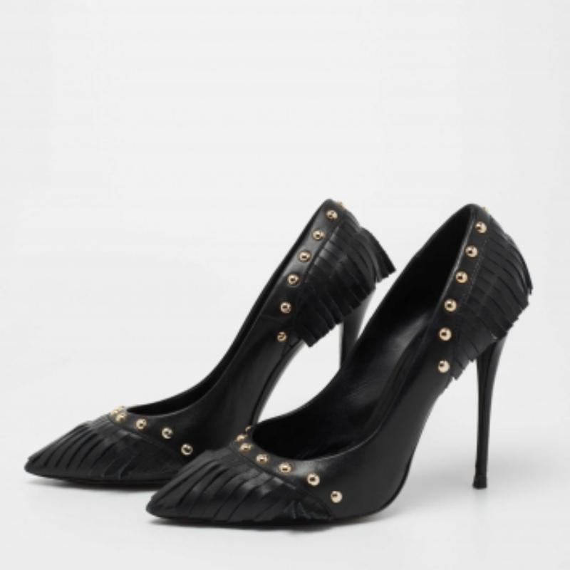 Women's Giuseppe Zanotti Black Leather Studded Fringe Pumps Size 38.5 For Sale