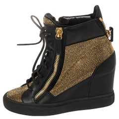 Giuseppe Zanotti Black Leather Studded High Top Wedge Sneakers 36.5