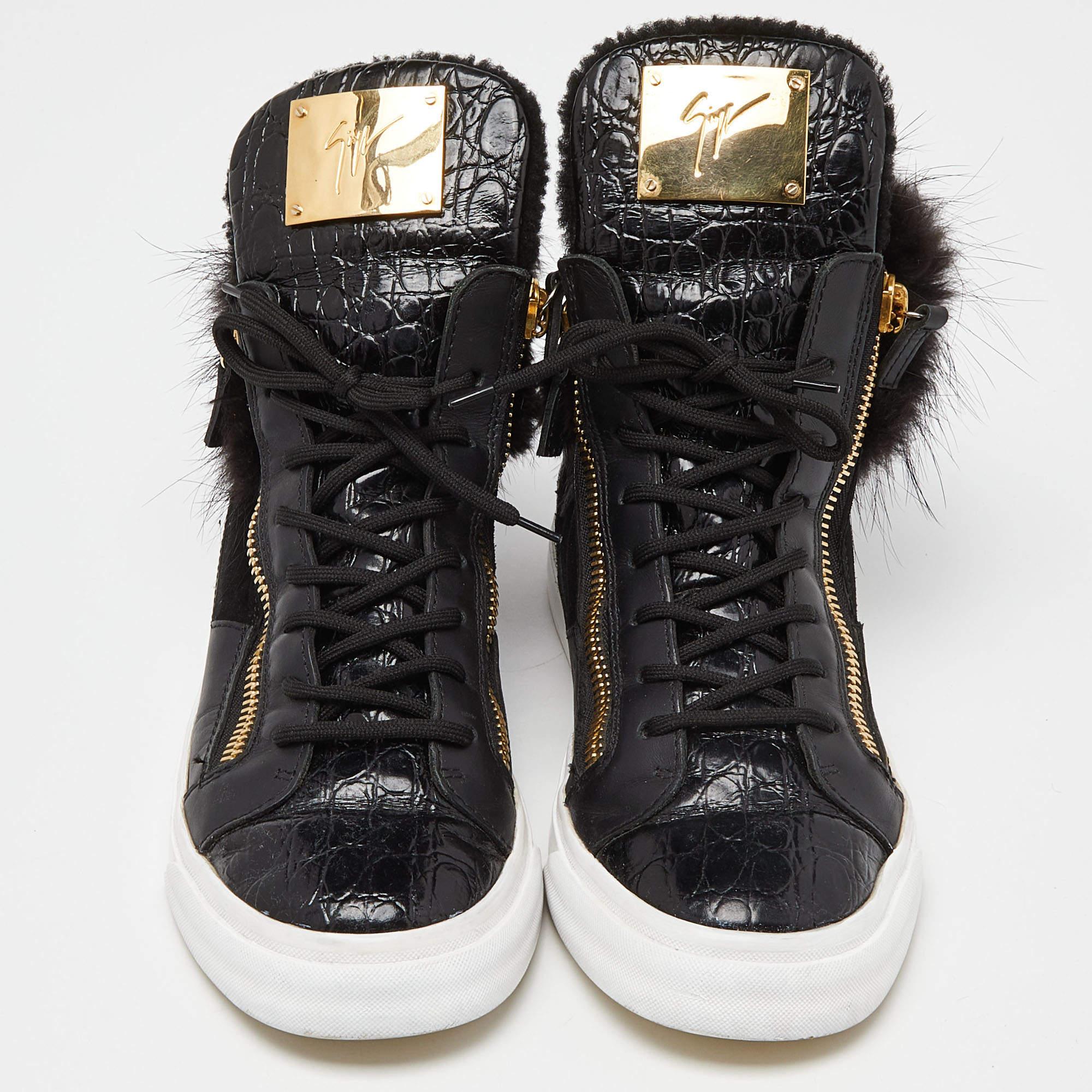 Giuseppe Zanotti Black Leather Suede and Calfhair London High-Top Sneakers Size  In Good Condition For Sale In Dubai, Al Qouz 2