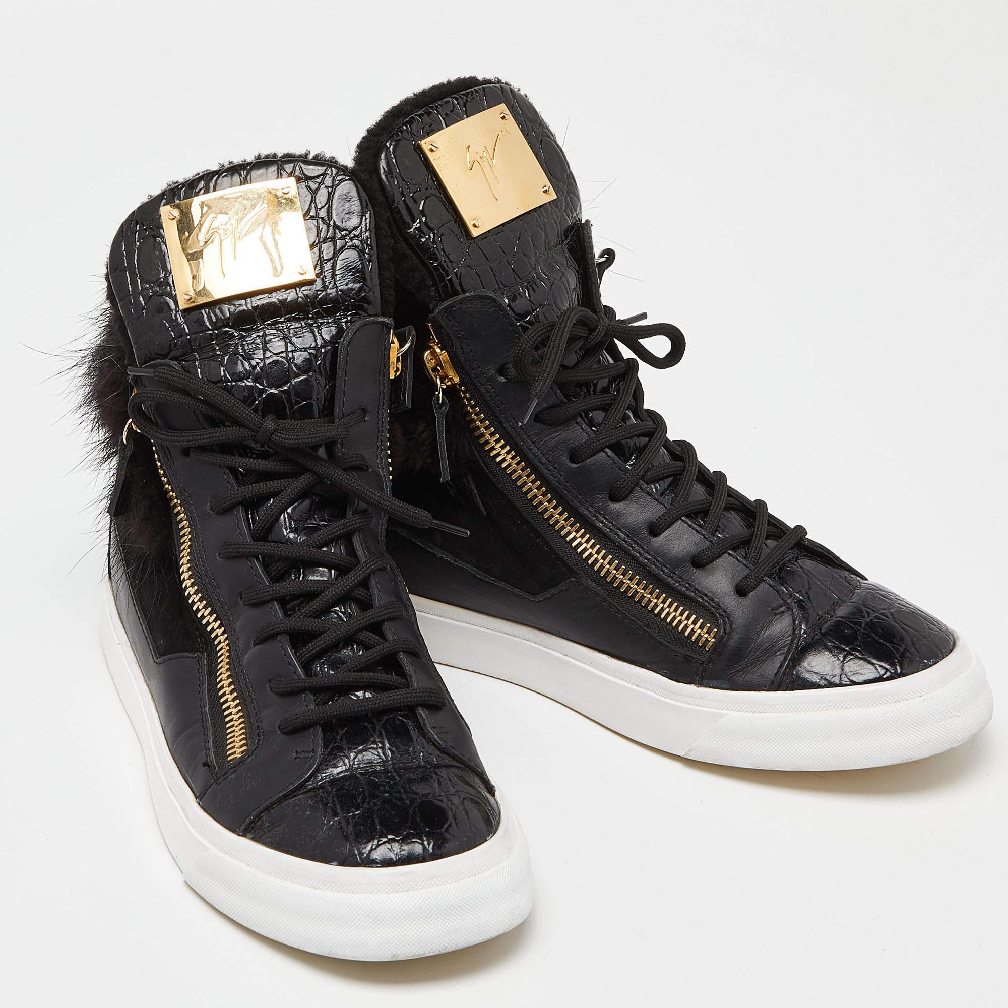 Giuseppe Zanotti Black Leather Suede and Calfhair London High-Top Sneakers Size  For Sale 1