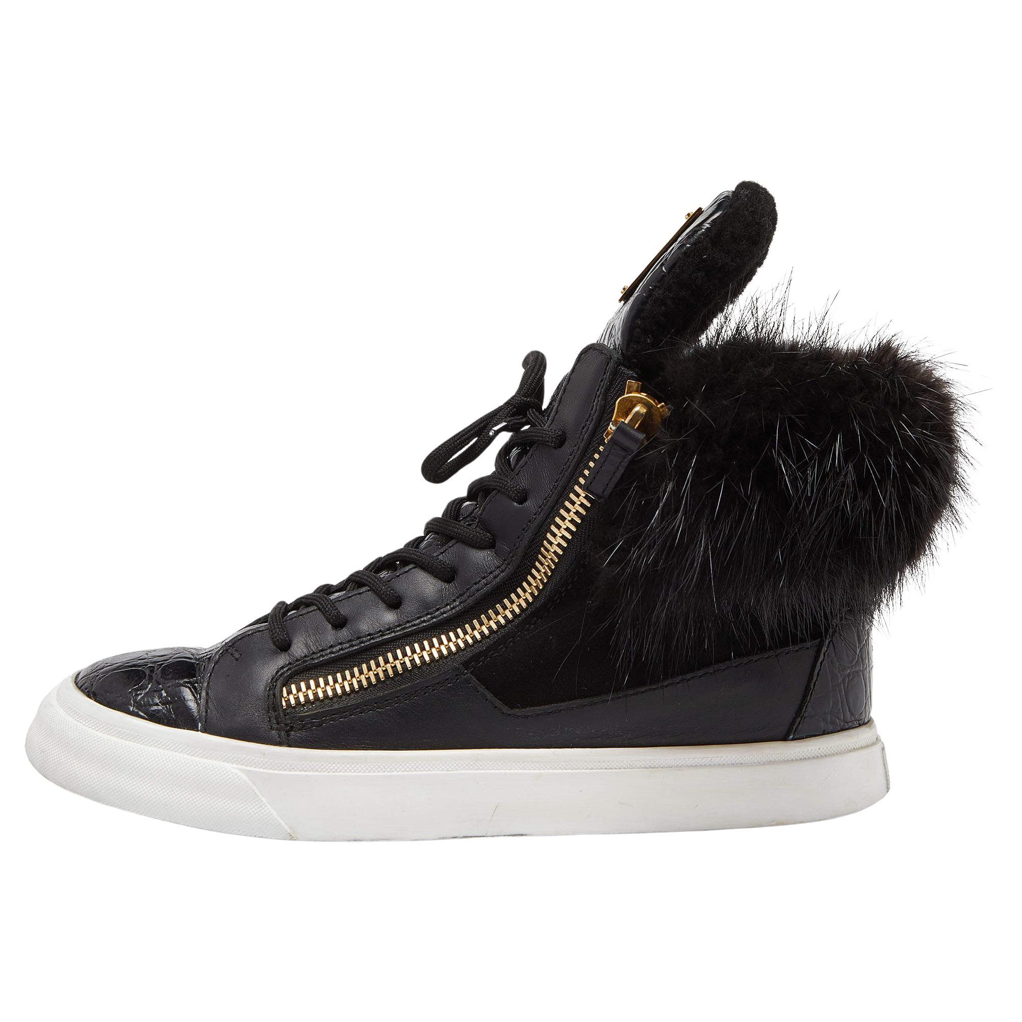 Giuseppe Zanotti Black Leather Suede and Calfhair London High-Top Sneakers Size  For Sale