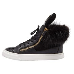 Used Giuseppe Zanotti Black Leather Suede and Calfhair London High-Top Sneakers Size 