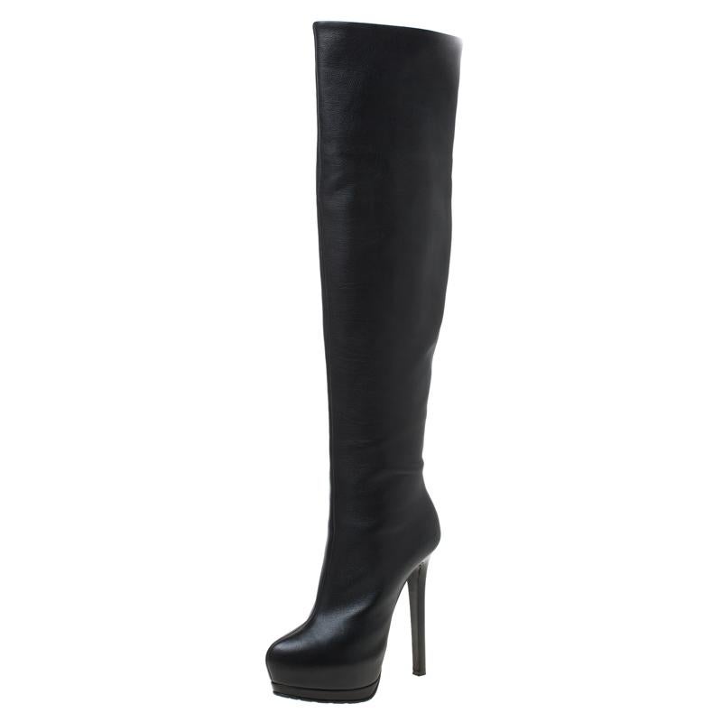 Giuseppe Zanotti Black Leather Thigh Length Platform Boots Size 38.5 1