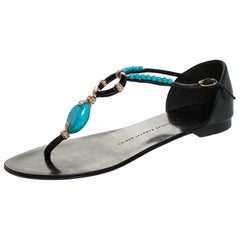 Giuseppe Zanotti Black Leather Turquoise Beaded Ankle Strap Thong Sandals 