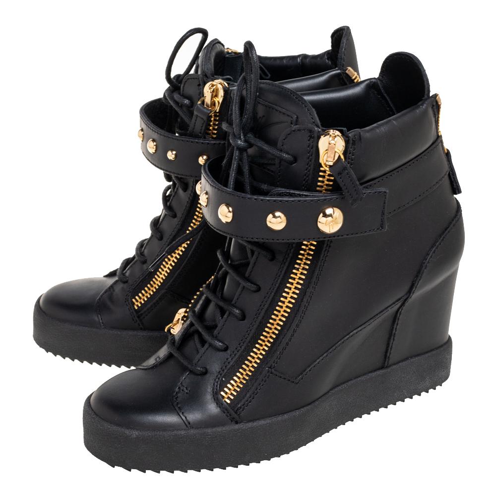 Giuseppe Zanotti Black Leather Wedge Sneakers Size 40 In Excellent Condition In Dubai, Al Qouz 2