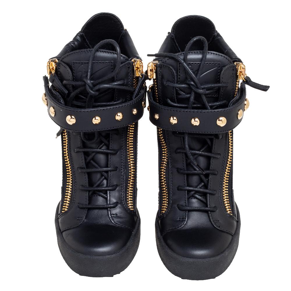 Women's Giuseppe Zanotti Black Leather Wedge Sneakers Size 40