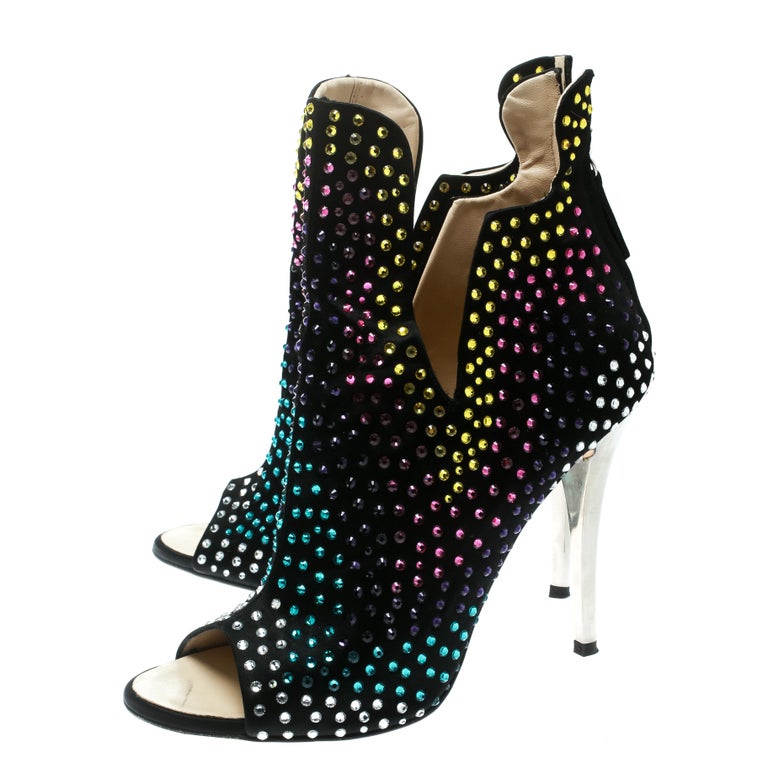 Giuseppe Zanotti Black Multicolour Embellished Suede Ankle Booties Size 39  For Sale at 1stDibs