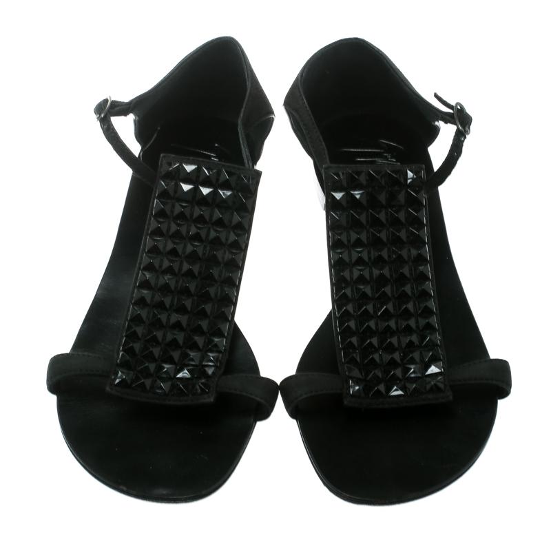 Giuseppe Zanotti Black Nubuck Leather Studded Flat Sandals Size 35 In Good Condition For Sale In Dubai, Al Qouz 2