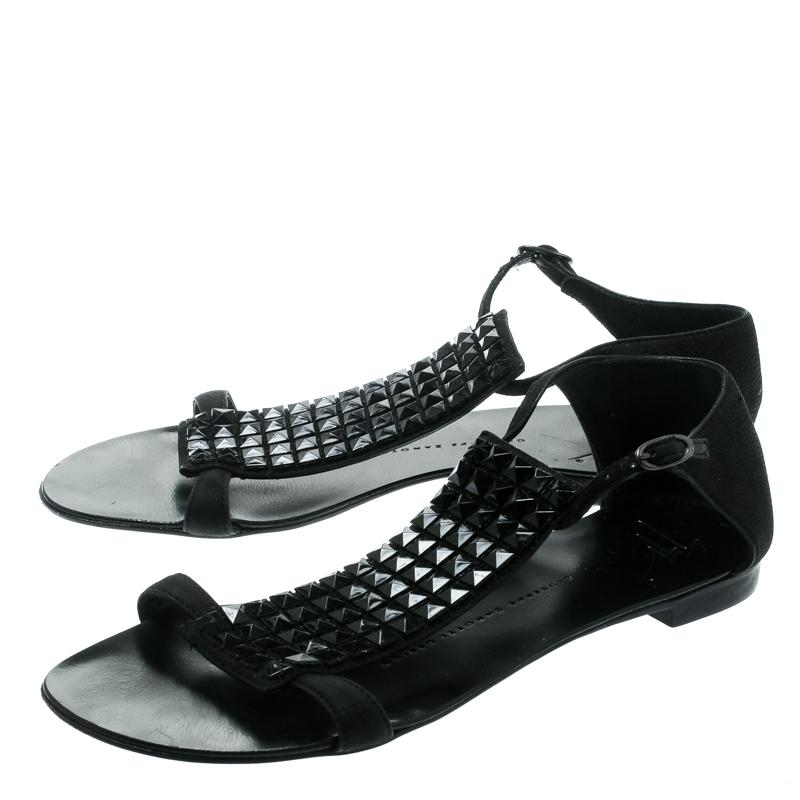 Giuseppe Zanotti Black Nubuck Leather Studded Flat Sandals Size 35 For Sale 1
