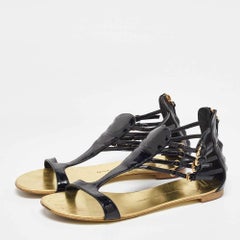 Giuseppe Zanotti Black Patent Leather Ankle Strap Flat Sandals Size 40
