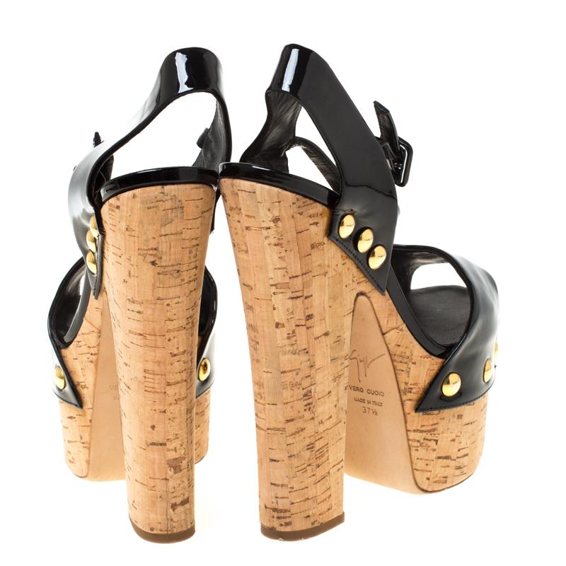 Giuseppe Zanotti Black Patent Leather Cork Platform Ankle Strap Size 37.5 In Good Condition In Dubai, Al Qouz 2