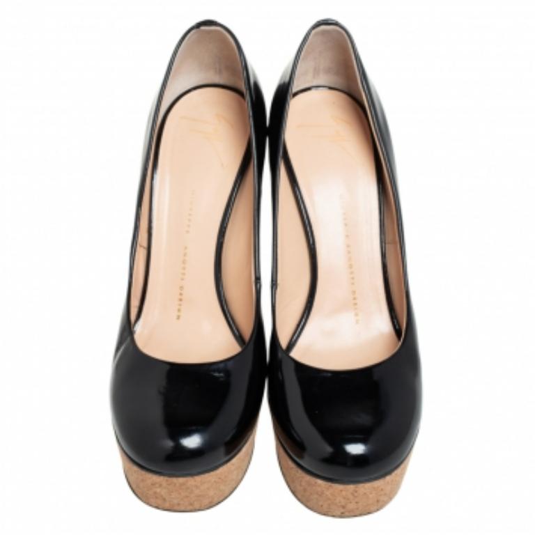 Giuseppe Zanotti Escarpins à plateforme en liège en cuir verni noir Taille 38.5 Pour femmes en vente